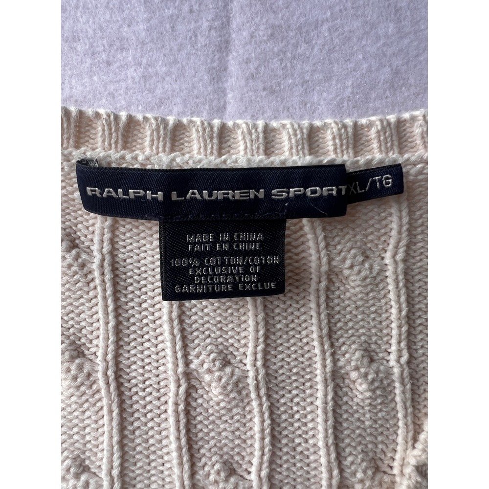 Ralph Lauren Sport Womens XL Cream Cotton Cable Knit V-Neck Sweater Navy Pony - Picture 3 of 6